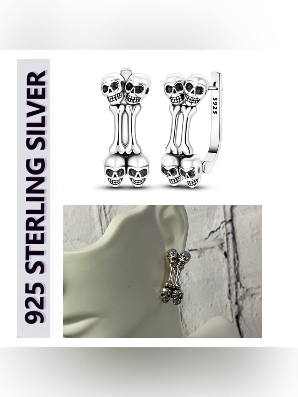 🌟🌟 S925 Sterling Silver Skull & Bone Drop Earrings